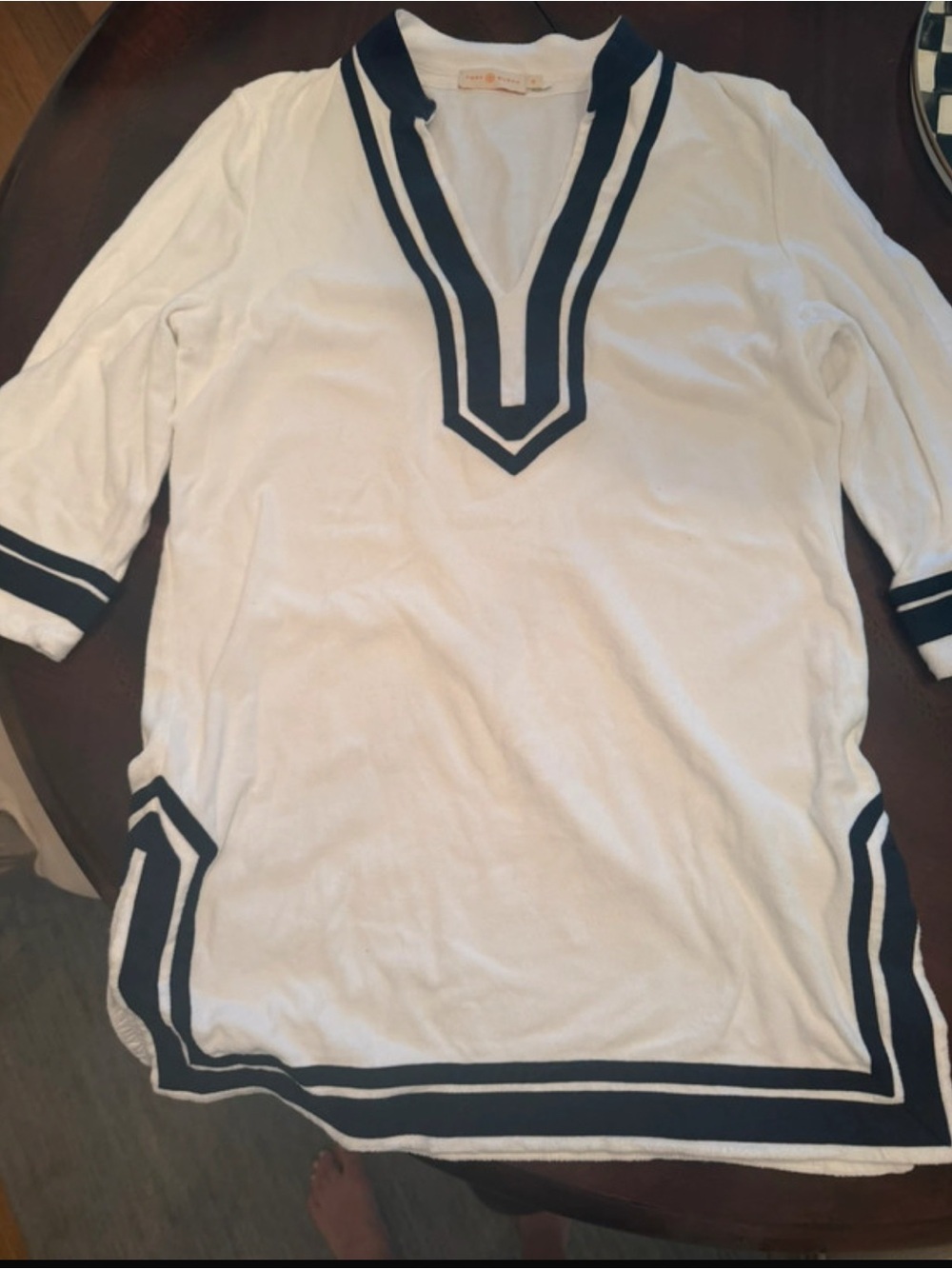 White Men’s Tunic Shirt with Navy Trim